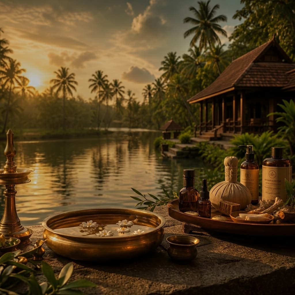 Luxurious Kerala Ayurveda wellness retreat in India at sunset