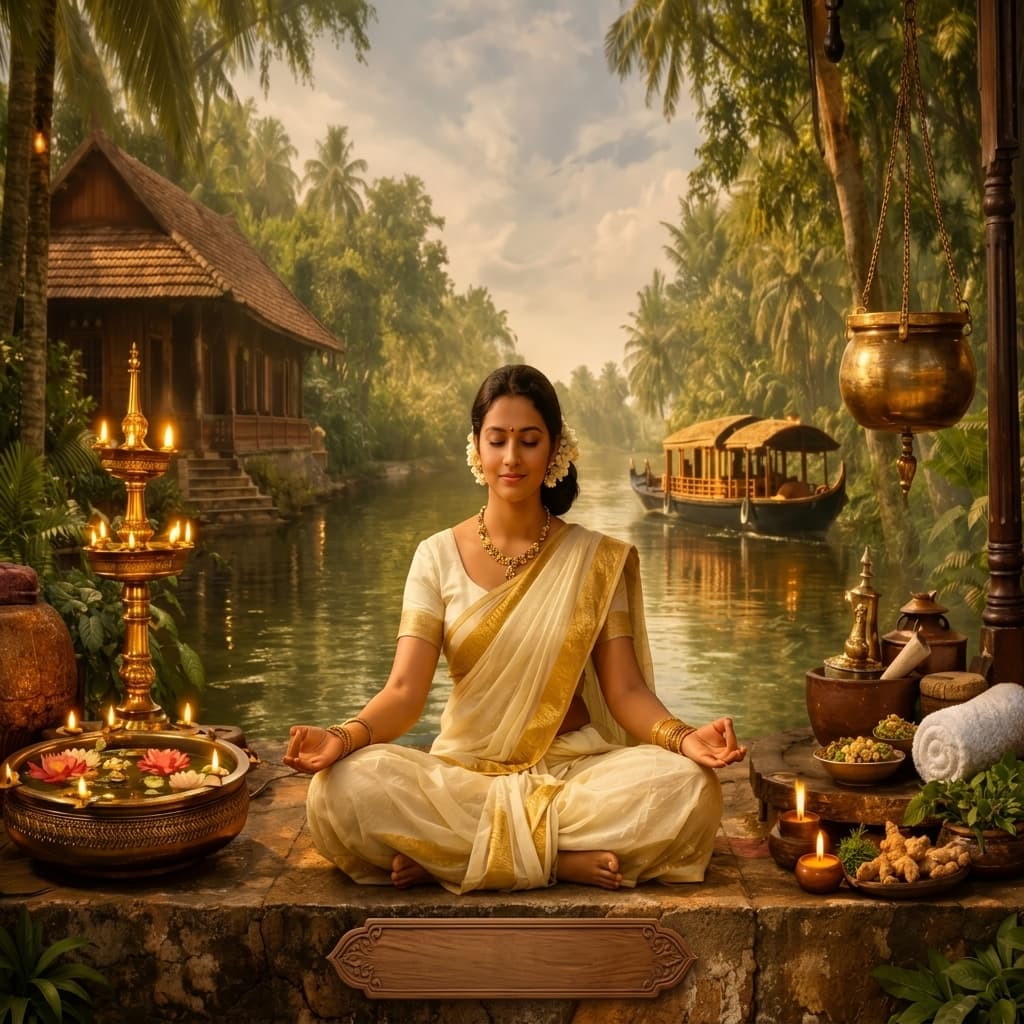 Woman meditating by Kerala backwaters